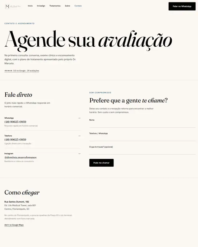 Primeira dobra da página de contato no site novo