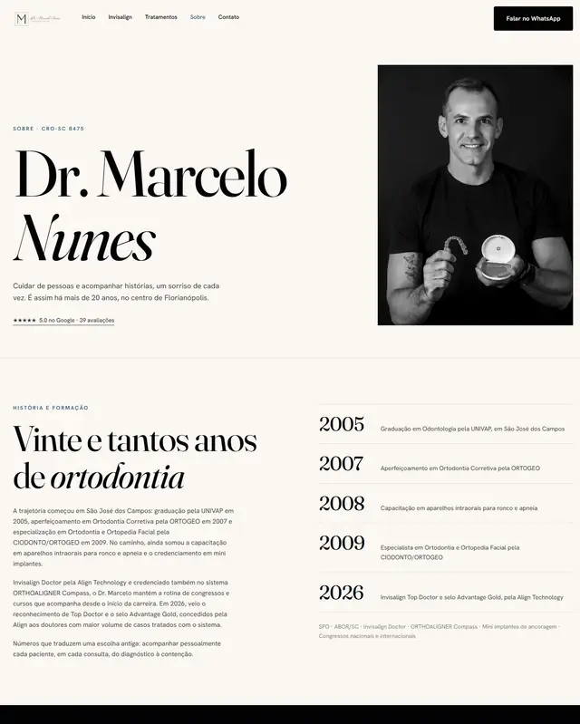 Primeira dobra da página sobre o Dr. Marcelo no site novo